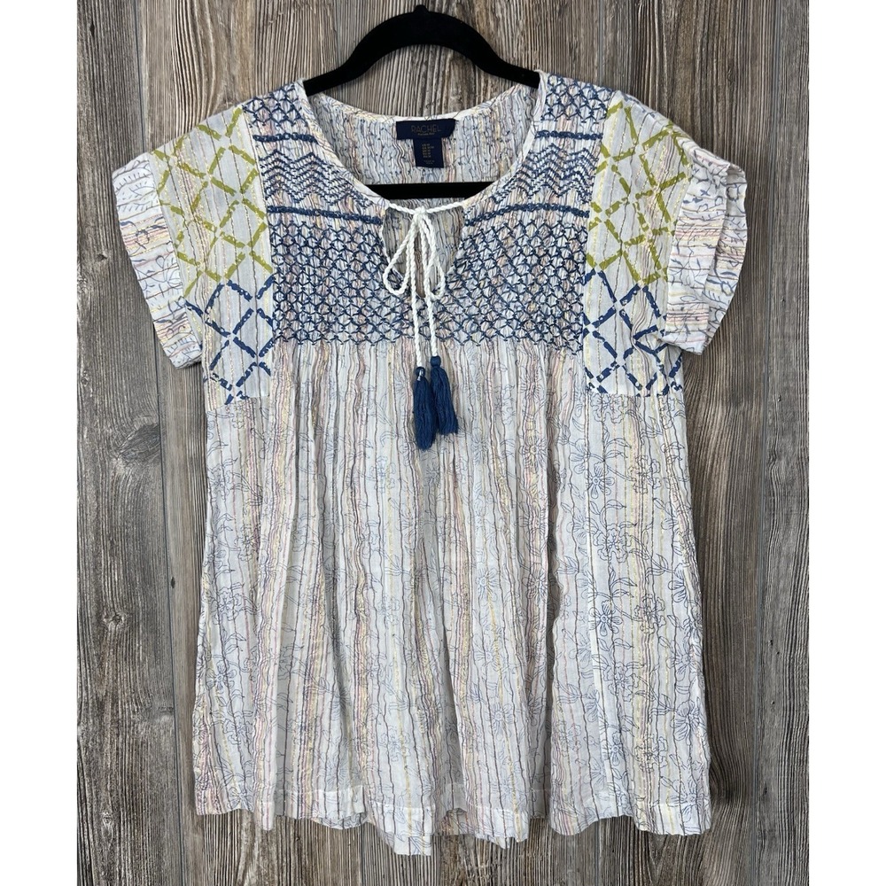 Rachel Roy Boho Smocked Peasant Blouse Metallic Thread Tassel Tie Top‎ Size M